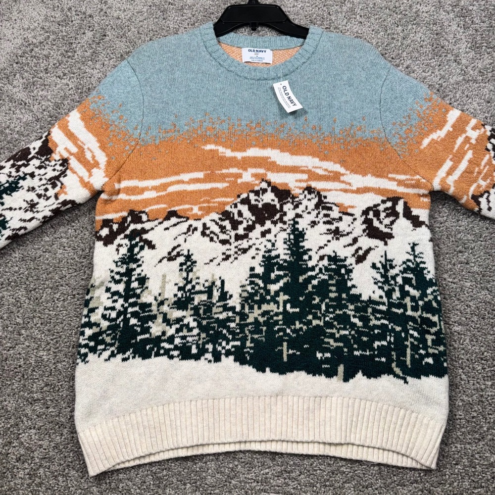 Old Navy Patterned Sweater Men Stretch Mountain Landscape Blue Multi M NEW